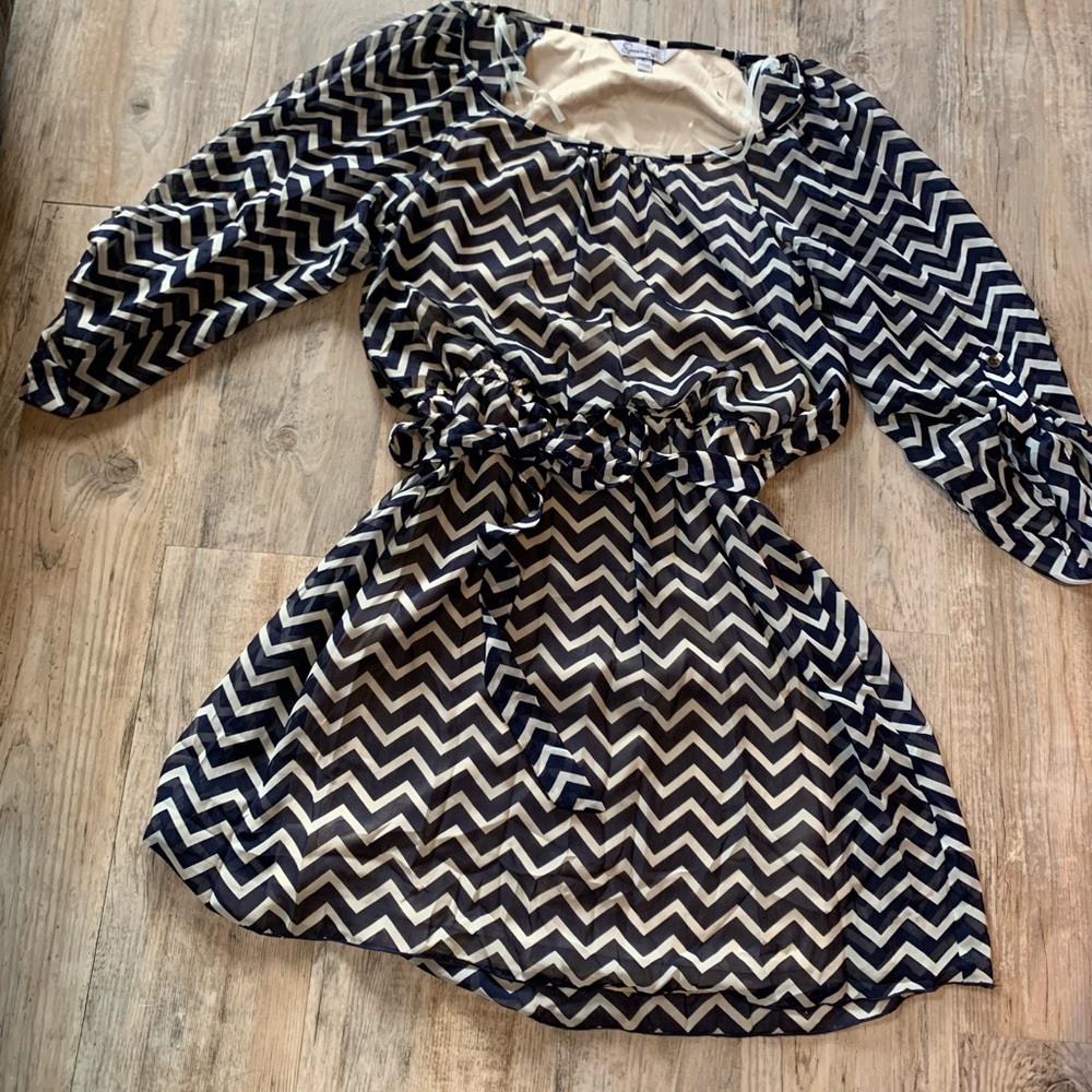 Navy and Beige Chevron Dress Large
